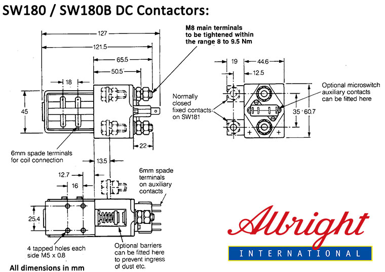 Dimensions of Albright SW180 and SW180B DC Contactors